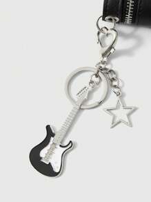 ROMWE Grunge Punk 1pc Vintage Punk 3D Pentagram Rivet Double-Zipper Snap Fastener Wallet, Comes With YY2K Music Festival Metal Guitar Star Keychain Pendant