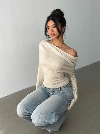 Aloruh Women's Casual Sexy Asymmetric Shoulder T-Shirt, Twist Knot Solid Color For Daily Wear, Commuting, Layering, Long Sleeve Knit Night Out Beige Autumn