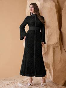 Al Najma Women's Lace Hem Maxi Dress With Belt, Elegant & Luxurious Turkish & Arabic Traditional Kaftan Women Plus Clothing Formal - Black - View 4