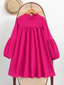 SHEIN Tween Girls' Sweet Frill Trim Lantern Sleeve Dress, Suitable For Autumn/Winter - Hot Pink - View 7