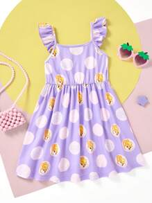 LOONEY TUNES X SHEIN 年轻男孩可爱兔子和波尔卡圆点印花盖袖连衣裙 - 紫色 - 查看 3