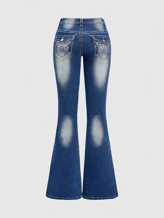 J-Fashion Jeans a vita bassa vintage in stile Y2K, con ricami di strass e farfalle