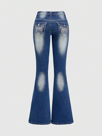 J-Fashion Jeans vintage de tiro bajo con bordado de mariposa y cristales de estilo Y2K