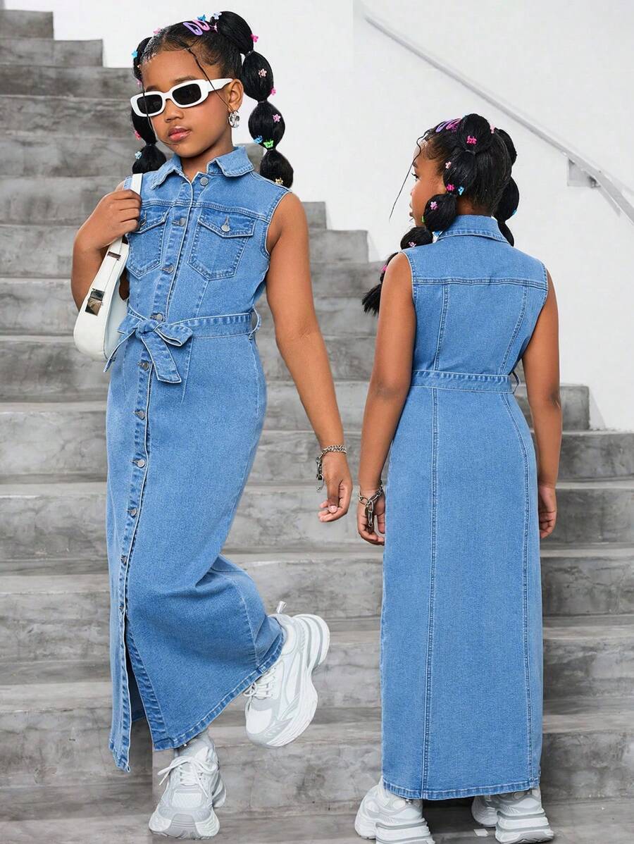 SHEIN Vestido estilo camisa vaquera azul sin mangas con cuello clásico para niñas preadolescentes de estilo casual de verano, ropa de primavera/verano y conjunto de vestir para vacaciones de primavera - Azul lavado medio - Ver 1