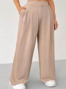 SHEIN VCAY Plus Size Women High Waisted Pockets Wide Leg Pants