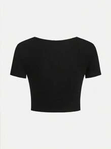 INAWLY 性感修身V领紧身短袖女式T恤 - 黑色 - 查看 2