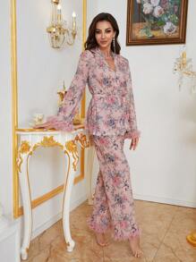 Floral Print Mesh Trim Romantic Floral Sleep Pajama Set - Pink - View 6