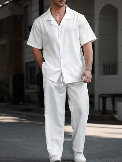 Manfinity Homme Plus Size Men's Solid Color Lapel Neck Short Sleeve Shirt And Pants Casual Set, Men All White Outfit