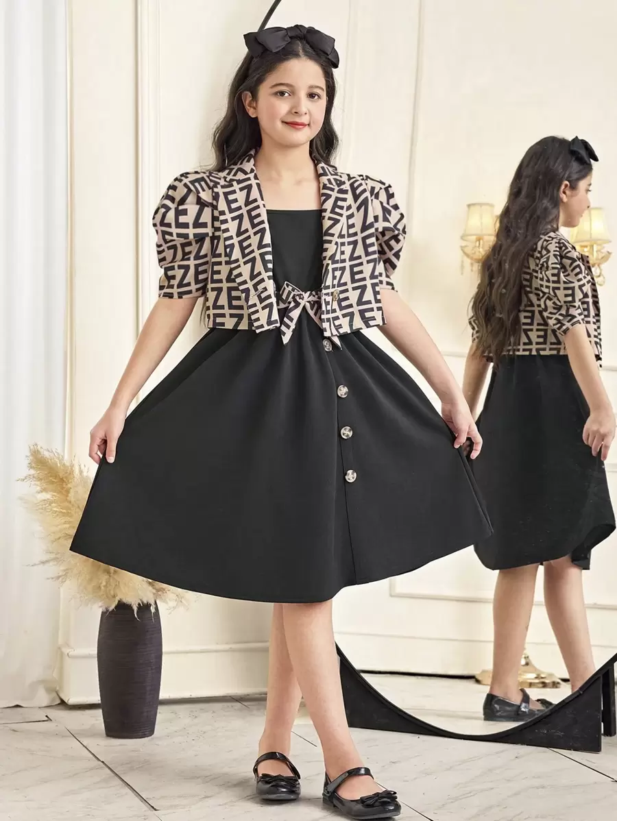 SHEIN Leap Crew 2 件套 Tween 女童休闲字母印花羊腿袖连帽衫和中长款吊带背心连衣裙 - 黑色 - 查看 1