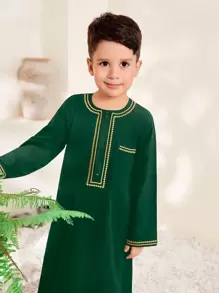 2pcs Young Boy Set: Pieced Rib Trim Long Robe Top And Pants
