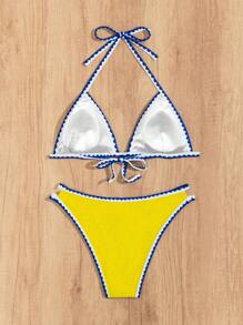 SHEIN Swim 女士夏季沙滩花朵荷叶边露背性感比基尼两件套泳衣套装 - 黃色 - 查看 4