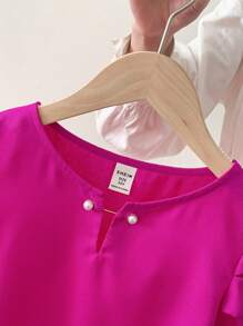 SHEIN Tween Girls Woven Solid Color Round Neck Gigot Sleeve Fitted Dress - Hot Pink - View 4