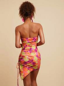 Travachic Women's Tropical Plant Print Pleated Tube Dress For Vacation, Women Floral Dress, Women Dresses Women Short Dresses,Vacation