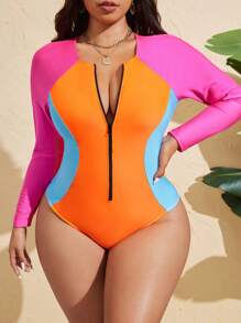 Swim SPRTY Women Plus Size One-Piece Swimsuit With Long Sleeve & Zipper, Fashionable Casual Beach Vacation Swimwear