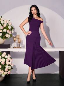 Modelyn Women's Asymmetrical Neck Splice Elegant Romantic Purple Dress, Spring/Summer - Red Violet - View 4