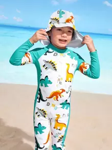 Young Boy Dinosaur Printed One-Piece Swimsuit With Random Print (With Hat) Summer Black Swim Bohemian Summer Holiday Cute - Multicolor - View 3
