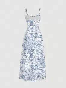 SHEIN MOD 休闲简约束腰飘逸长款吊带裙，蓝色碎花图案，适合夏季和度假穿着，女士柔和色调连衣裙