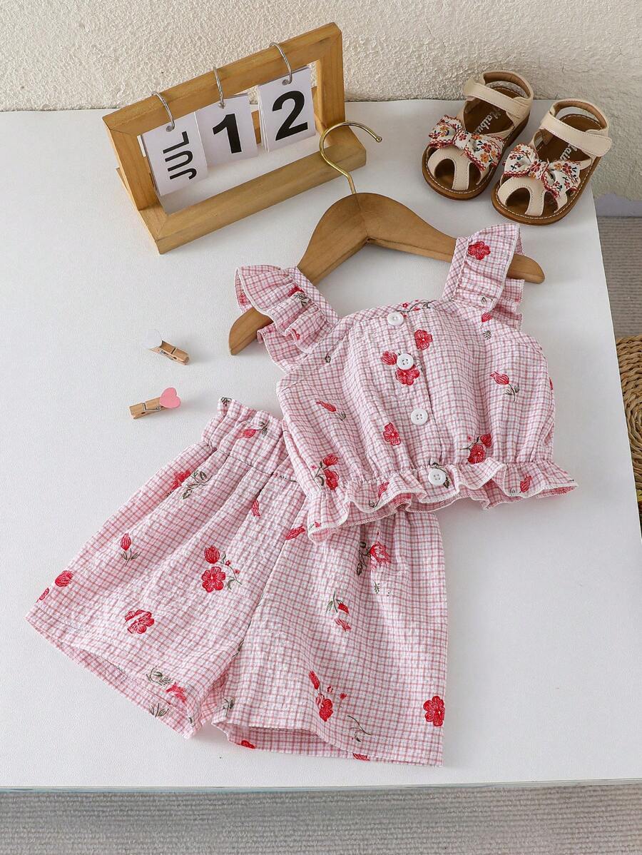 女婴可爱碎花格子荷叶边吊带背心上衣和短裤套装，适合夏季外出 - 粉色 - 查看 1