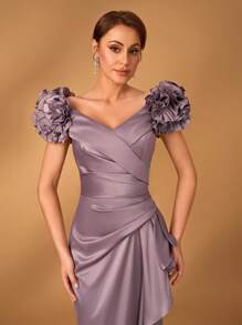 Serin 优雅奢华 3D 缎面荷叶边美人鱼下摆设计长裙，适合婚礼、单身派对、度假、舞会、正式晚宴、新娘母亲礼服 - 淺灰紫 - 查看 5