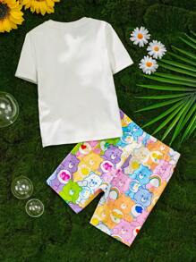 SHEIN X Care Bears 年轻女孩可爱彩色爱心和熊印花白色休闲百搭舒适短袖 T 恤和彩色短裤睡衣套装