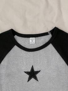 SHEIN Teen Girls Grey & Black Patchwork Fitted Ribbed Short Sleeve Round Neck T-Shirt With Star And Pentagram Print, Casual Retro Style For Spring And Summer - Black - View 4