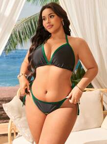 SHEIN Swim Curve 大码女式 3 件套套头短袖罩衫，印花性感吊带束腰开叉比基尼泳装，度假 - 黃色 - 查看 3