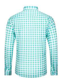 Manfinity Homme Casual Vacation Plaid Small Icon Front Single-Breasted Comfortable Long Sleeve Fashion Casual Shirt For Men, Fall - Mint Green - View 2
