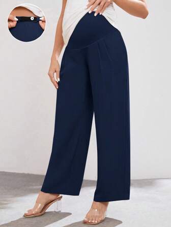 SHEIN Pantalon droit plissé taille haute de couleur unie pour femme enceinte
