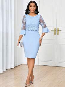 SHEIN Lady Váy dài vừa vặn, phối ren màu trơn thanh lịch dành cho nữ - Màu xanh bụi bặm - Xem 6