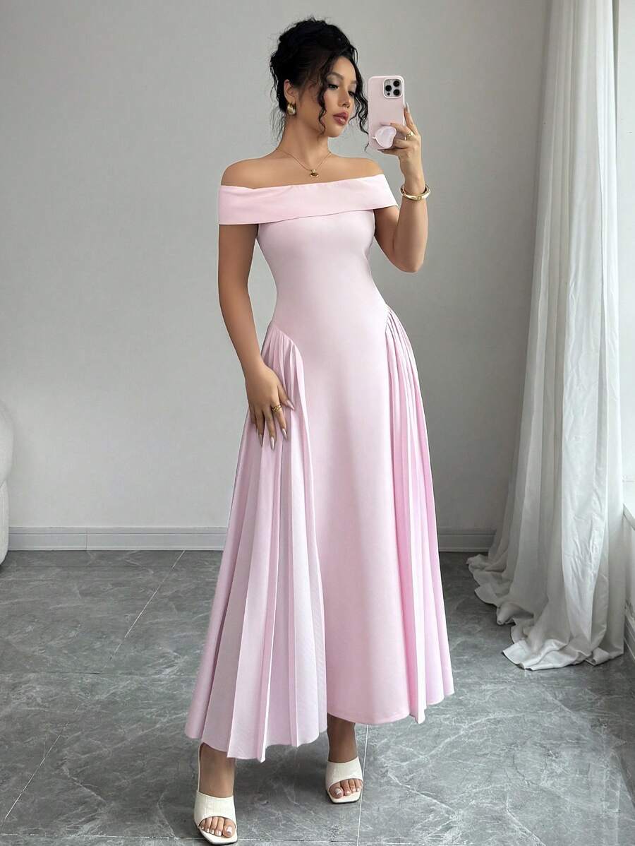 Elenzga Women's Elegant Off Shoulder Flared Dress, Spring/Summer - Pink - View 1