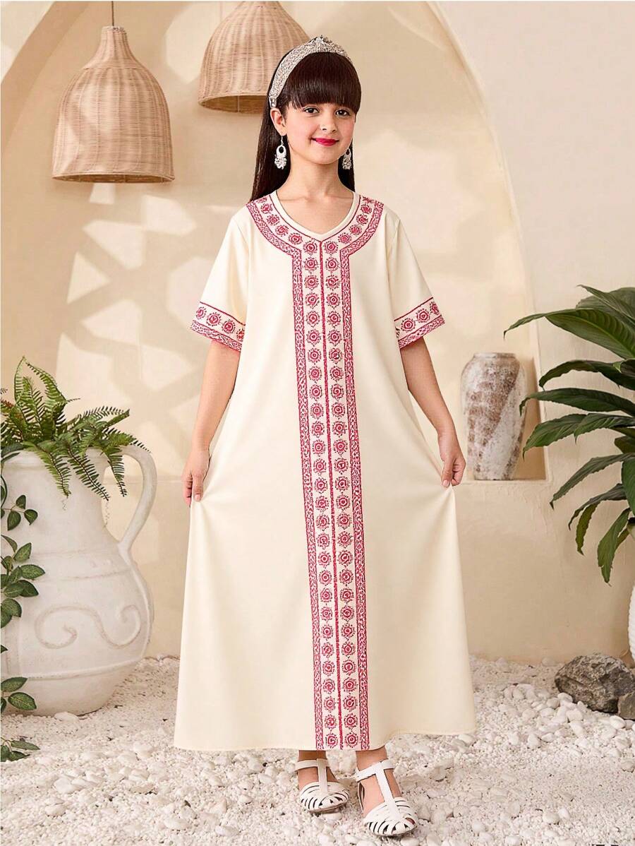 Tween Girl 复古印花休闲连衣裙，淑女民族风