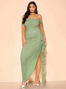 SHEIN BAE 加大码女式绿色性感甜美纯色垂坠领系带袖荷叶边下摆高开衩吊带连衣裙，夏季、生日连衣裙 - 綠色 - 查看 6