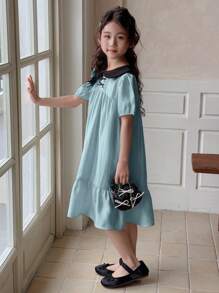 DAZY 青少年女孩拼色娃娃脸蝴蝶结装饰梭织短袖连衣裙，夏季，返校服 - 藍色 - 查看 3