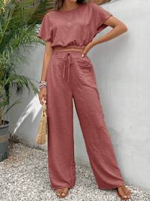 SHEIN Frenchy Setelan Musim Panas Kasual Warna Pink, terdiri dari atasan crop lengan kelelawar dan celana pinggang tali serut berbahan tekstur. - Dusty Pink - View 6