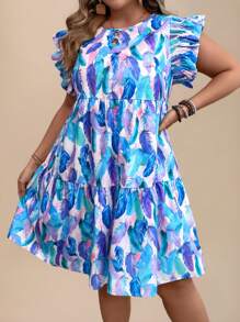 Travachic Plus Size Boho Vacation Round Neck Short Cap Sleeve Fluffy Feather Print Dress, For Summer,Beach Dress Sundress,Holiday Outfits