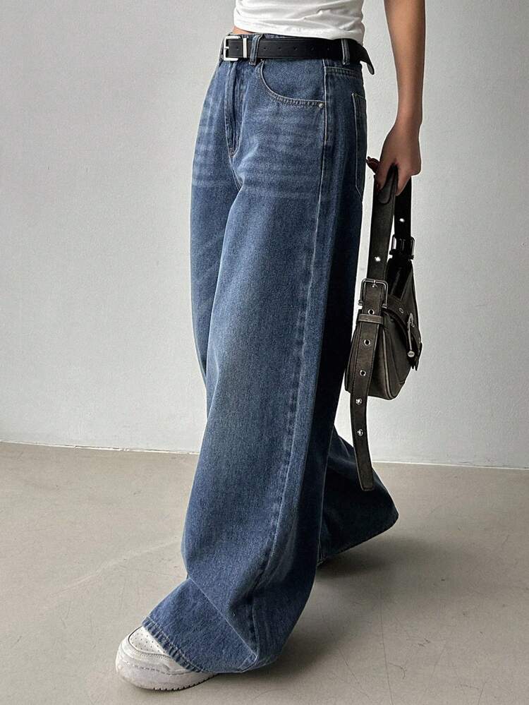 Women's Casual Washed Wide-Leg Denim Pants,Baggy Jeans