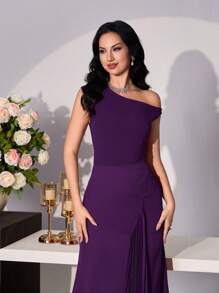 Modelyn Women's Asymmetrical Neck Splice Elegant Romantic Purple Dress, Spring/Summer - Red Violet - View 7