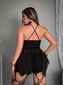 Whyspr Grunge Punk Rave 大码时尚性感蕾丝拼接不对称下摆露背吊带上衣