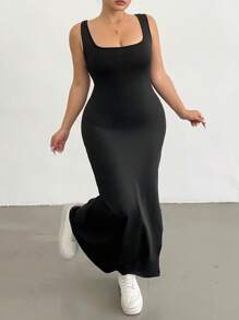 Flirla Plus Size Women Solid Color Backless Twisted Open-Back Sleeveless Slit Hem Dress - Black - View 6