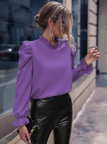 SHEIN Clasi Women's Elegant Solid Color Lace Trim Round Neck Long Sleeve Blouse - Purple - View 4