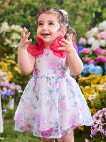 SHEIN Baby Girl Floral Print Cute Elegant Organza Summer Dress - Multicolor - View 4