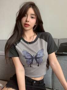 DAZY Butterfly Print Raglan Sleeve Crop Tee Y2k,Graphic Tees - Grey - View 10