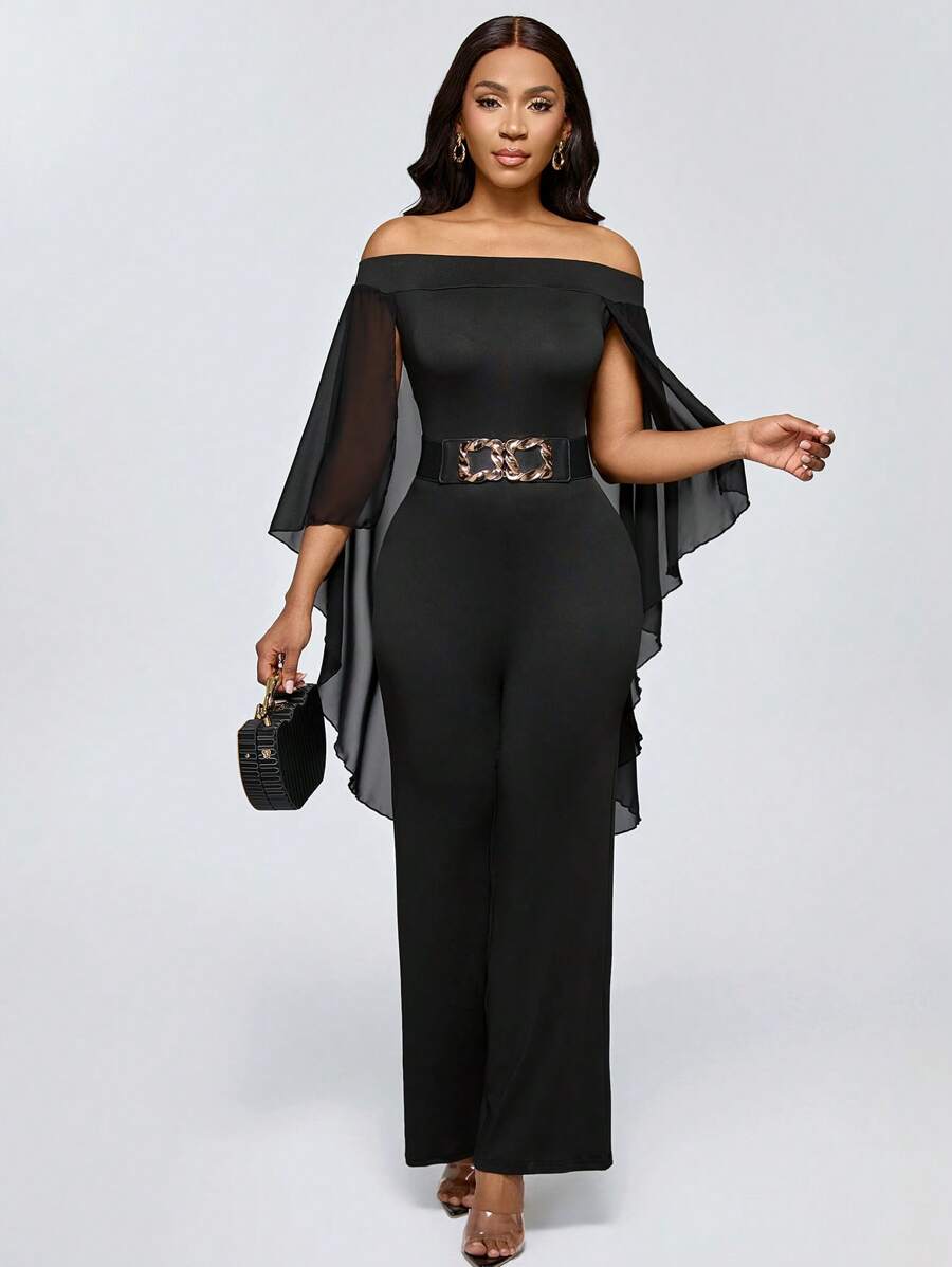 Lyxana 女士纯色露肩喇叭袖优雅连体裤