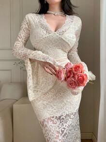 DAZY Đầm dạ hội tay loe cổ chữ V ren cho nữ, dáng dài vừa phải, thanh lịch, xếp nếp, váy cưới, váy mùa thu, váy dài tay - Màu be - Xem 7