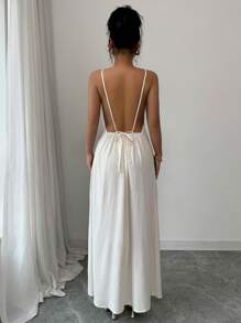 Rafferiza 女士纯色休闲细肩带露背连衣裙 - 米色 - 查看 2