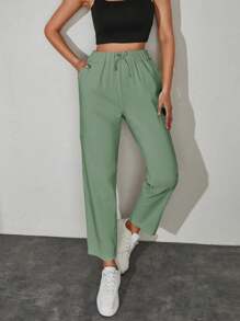 EURMUSE Solid Drawstring Waist Slant Pocket Trousers - Grey - View 5