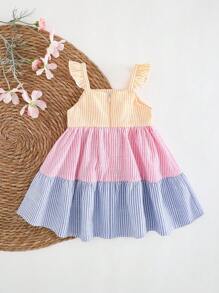 Cozy Pixies Baby Girl 3D Floral Contrast Color Block Sleeveless Waist Fit Dress - Pink - View 2