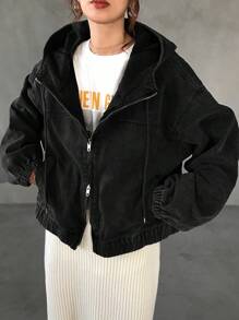 FRIFUL 女士宽松连帽牛仔外套，休闲款 - 黑色 - 查看 7