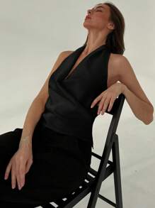 Aloruh 极简主义办公室穿着深 V 性感镂空修身工字背心，米色 - 黑色 - 查看 4