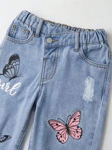 SHEIN Young Girls Jeans - Distressed Light Wash Blue Denim Jeans With Butterfly Print, Rhinestone Decor And Elastic Waist, Loose Fit Wide Leg - Light Wash - View 5